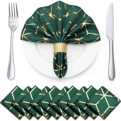 Tranqun 10 Pack Emerald Green Polyester Satin Dinner Napkins 18" x 18" Square Soft Table Dinner Napkins with Gold Foil Geometric Pattern Ideal for Green and Gold Table Decor Wedding Party Banquet