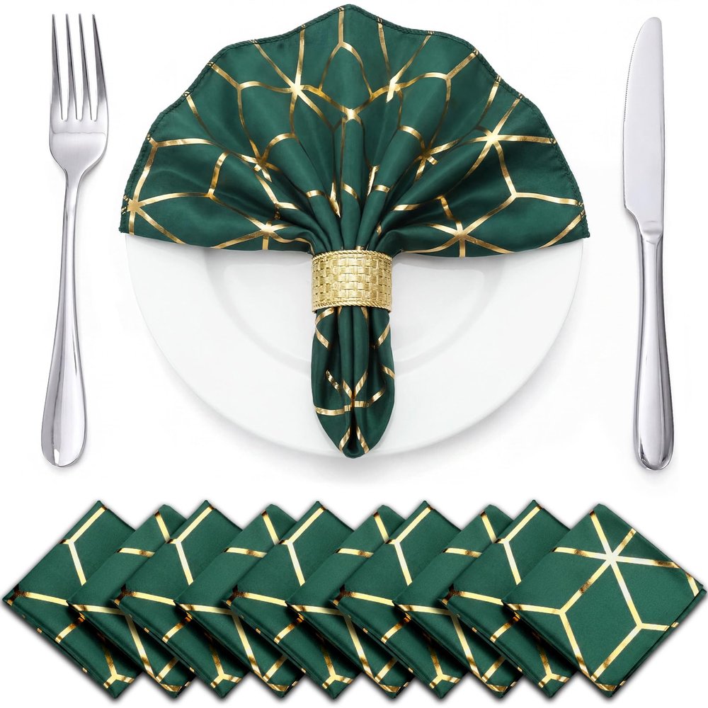 Tranqun 10 Pack Emerald Green Polyester Satin Dinner Napkins 18" x 18" Square Soft Table Dinner Napkins with Gold Foil Geometric Pattern Ideal for Green and Gold Table Decor Wedding Party Banquet