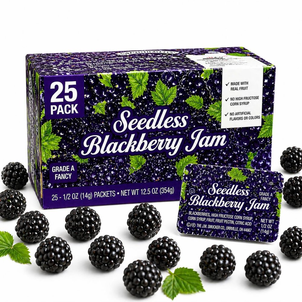 Blackberry Jam Single Serve Packets 25 Count (0.5 oz Each), Seedless Jelly Cups, Portion Control, Bulk Breakfast Condiments for Lunchbox, Restaurant, Travel & Food Service