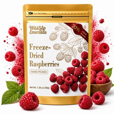 WildSap Emeralds Freeze-Dried Whole Raspberries - 1.38 oz (39g), 100% Natural Unsweetened Crunchy Red Berry Snacks for Yogurt Bowls, Smoothies, Oatmeal & Baking