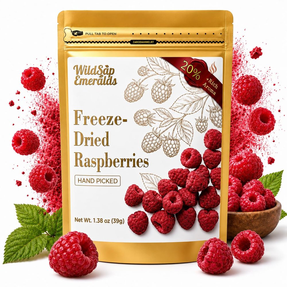 WildSap Emeralds Freeze-Dried Whole Raspberries - 1.38 oz (39g), 100% Natural Unsweetened Crunchy Red Berry Snacks for Yogurt Bowls, Smoothies, Oatmeal & Baking