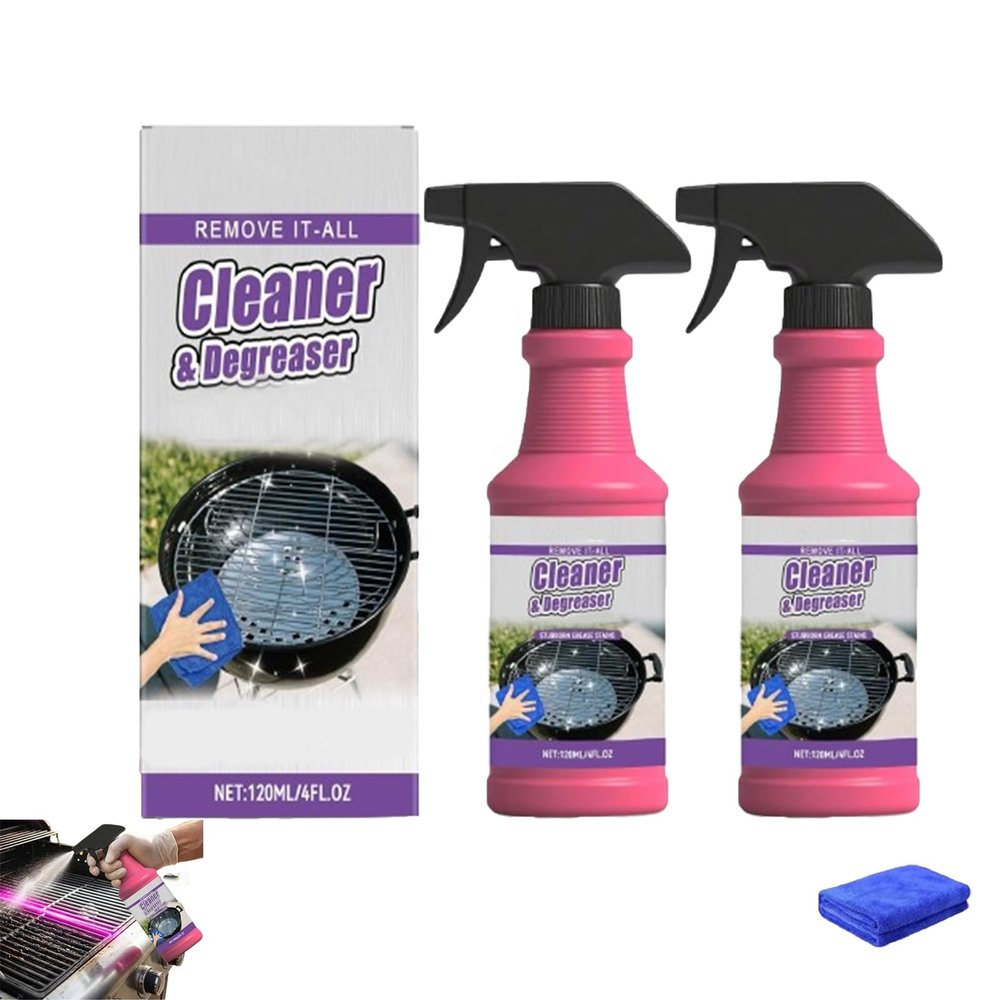 Powerful Remove it all Cleaner and Degreaser Smoky Stains, Heavy Duty Grill Grease Destroyer Spray, 120ml/4 Oz BBq Grill & Frying Pan Cleaner, Fast-Acting Remover Spray for Outdoor, Kitchen Oven (2)