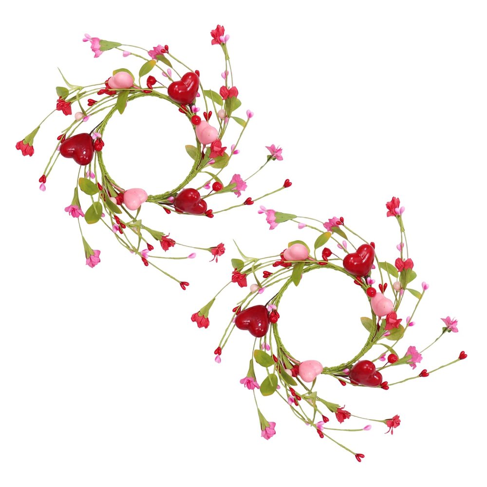 2pcs Artificial Heart Berries Flower Rings Valentine ' S Day Holder Wreath for Pillars Wine Bottle Door Wall Table Decoration