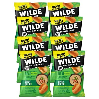 Wilde Snacks Chips Protein Spicy Queso 1.34 oz Wilde for High Adults Keto Style Crunch Alternative to Quest and Quest Protein Chips Pack of 8