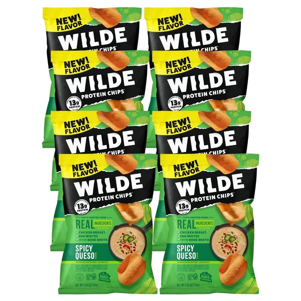 Wilde Snacks Chips Protein Spicy Queso 1.34 oz Wilde for High Adults Keto Style Crunch Alternative to Quest and Quest Protein Chips Pack of 8