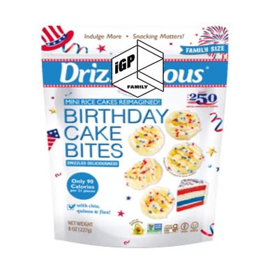 Drizzilicius Birthday Cake US Bites Mini Rice Cakes 8 oz with IGP Family Packaging Rice Crisps, Healthy Snack for Adults and Kids, Flavored Rice Cakes, Vegan, Gluten Free, Guilt Free Christmas SnacksFamily Pack (USA 250 Birthday Cake)