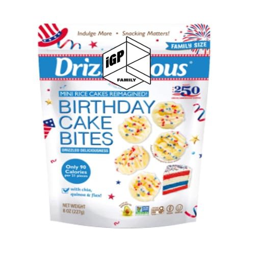 Drizzilicius Birthday Cake US Bites Mini Rice Cakes 8 oz with IGP Family Packaging Rice Crisps, Healthy Snack for Adults and Kids, Flavored Rice Cakes, Vegan, Gluten Free, Guilt Free Christmas SnacksFamily Pack (USA 250 Birthday Cake)