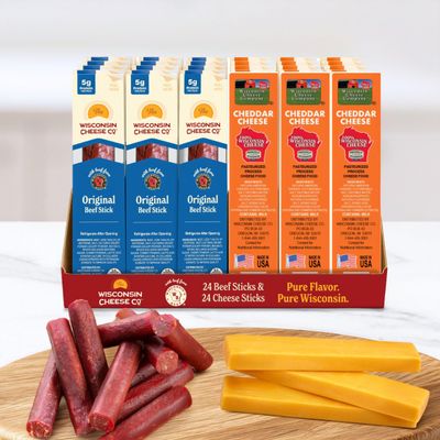 Wisconsin Cheese Company Beef Sticks & Cheddar Cheese Snack Packs Made in Wisconsin High Protein Snack for Travel, Lunches & On-the-Go Snacking 48 Count (24 Beef & 24 Cheddar)