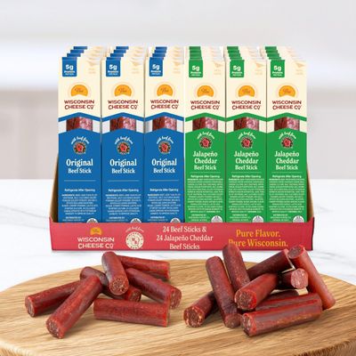 Wisconsin Cheese Company Naturally Smoked Beef Snack Sticks Variety Pack Made in Wisconsin Keto Friendly, Low Carb, High Protein Meat Sticks 48 Count (24 Original & 24 Jalapeo Cheddar)