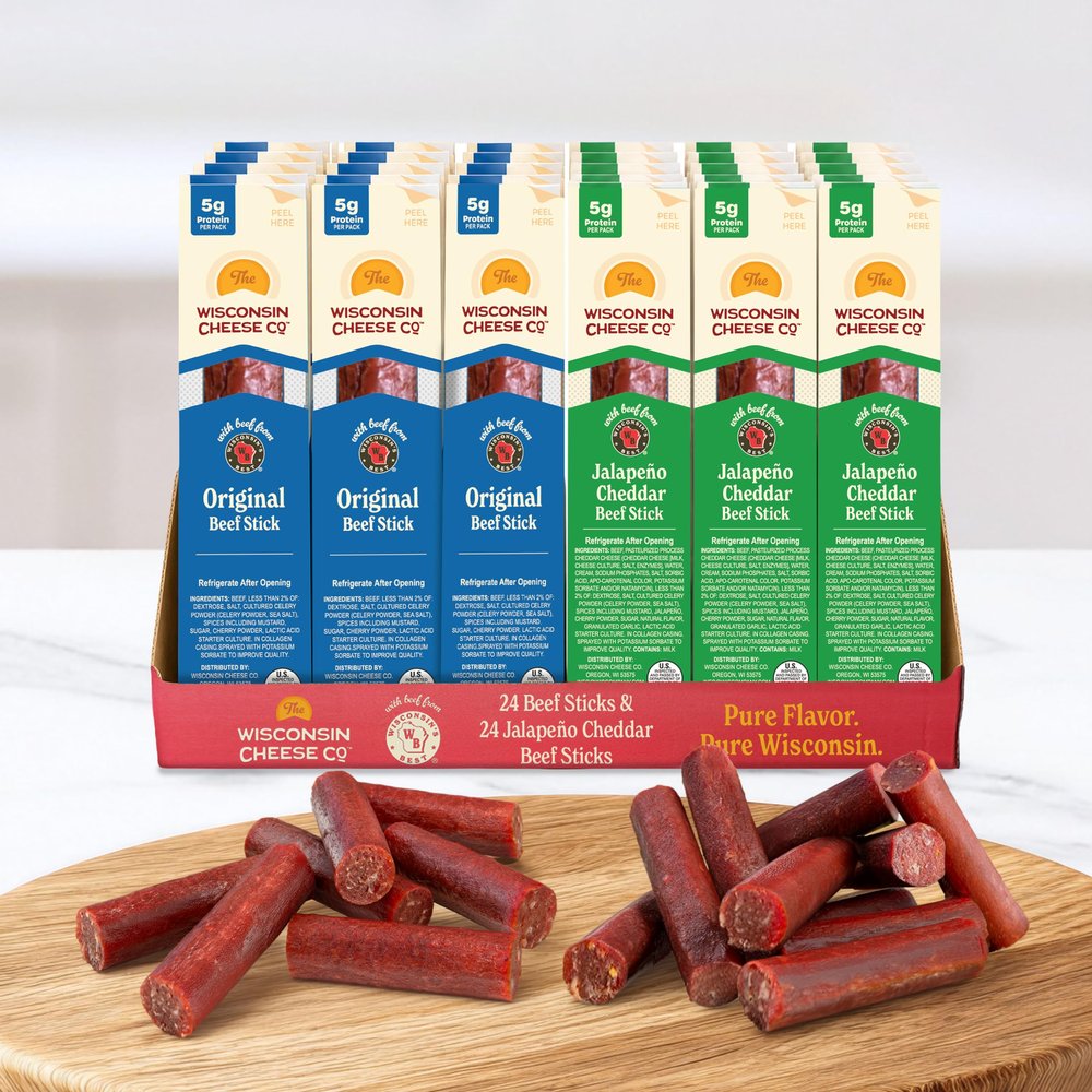 Wisconsin Cheese Company Naturally Smoked Beef Snack Sticks Variety Pack Made in Wisconsin Keto Friendly, Low Carb, High Protein Meat Sticks 48 Count (24 Original & 24 Jalapeo Cheddar)