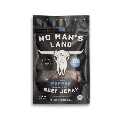 No Mans Land Beef Jerky - Black Pepper | Slow-Dried, Smoked & Seasoned Jerky Strips | High Protein, Low Carb, Low Calorie Beef Snack | Gluten Free - 7.5oz Bag