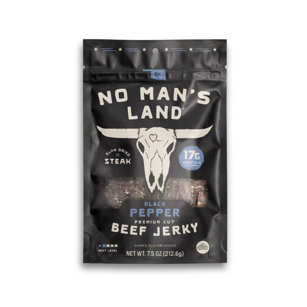 No Mans Land Beef Jerky - Black Pepper | Slow-Dried, Smoked & Seasoned Jerky Strips | High Protein, Low Carb, Low Calorie Beef Snack | Gluten Free - 7.5oz Bag