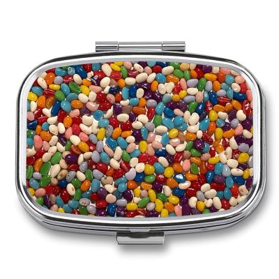 Assorted Jelly Beans Pill Box Small Pill Organizer with 2 Compartments and Mirror Portable Travel Metal Pillcase for Pocket Or Purse, Privacy-Protecting Medicine Box