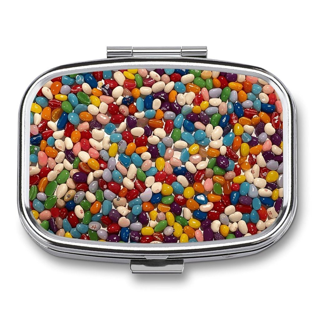 Assorted Jelly Beans Pill Box Small Pill Organizer with 2 Compartments and Mirror Portable Travel Metal Pillcase for Pocket Or Purse, Privacy-Protecting Medicine Box