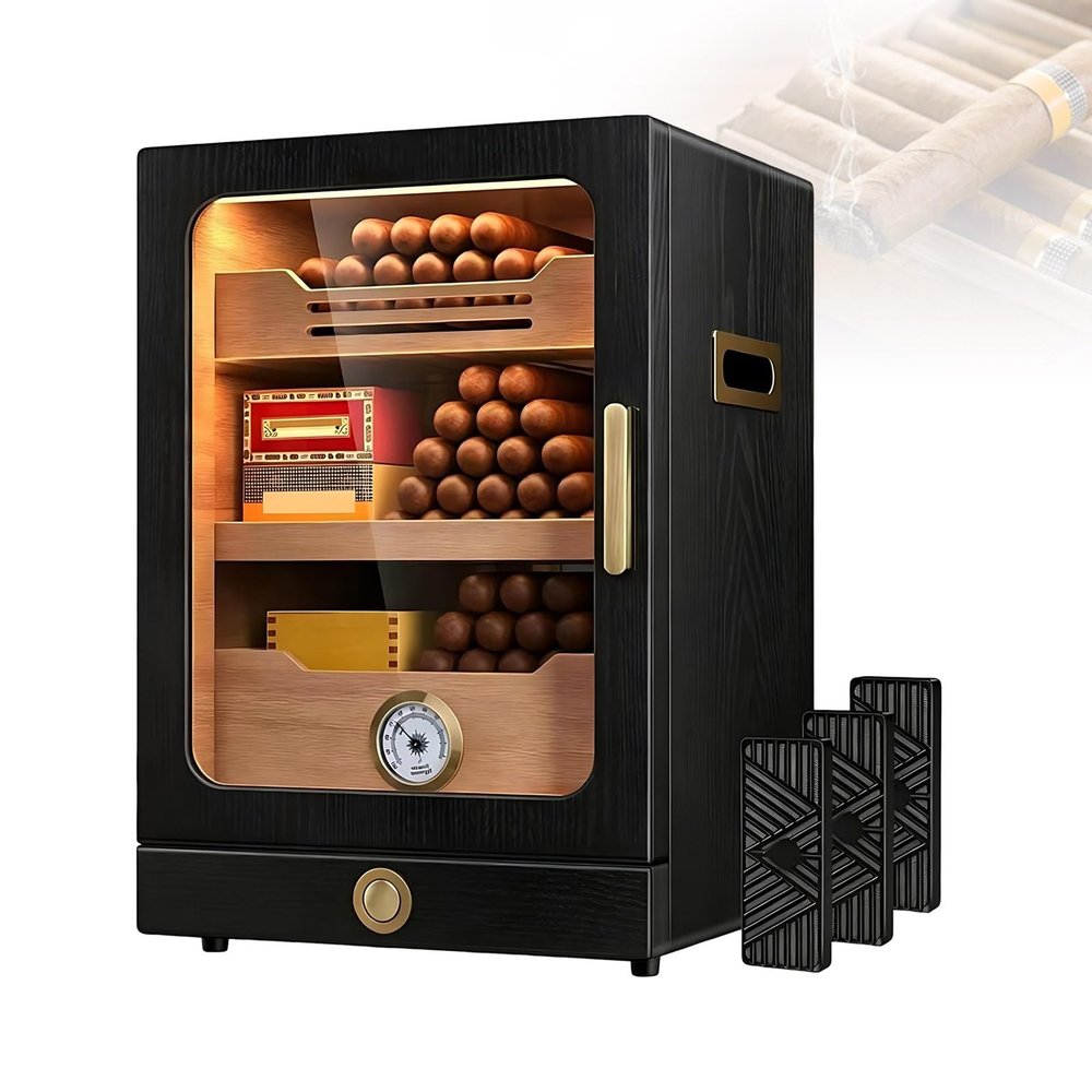 Acentesoft Professional Cigar Storage Humidor, Lighted Desktop Cabinet with Coated Glass, Spanish Cedar Wood Interior, 100-150 Count Large Capacity Mellowing Box