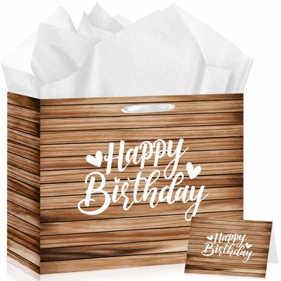 Wood Grain Happy Birthday Gift Bag, Large Rustic Wooden Theme Party Gift Bag with Greeting Card, Brown Vintage Birthday Decorative Gift Bags for Women Men Birthday Celebration Party Supplies