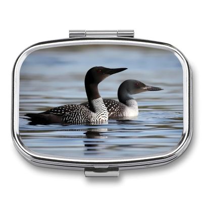 Loon Birds Pill Box Small Pill Organizer with 2 Compartments and Mirror Portable Travel Metal Pillcase for Pocket Or Purse, Privacy-Protecting Medicine Box