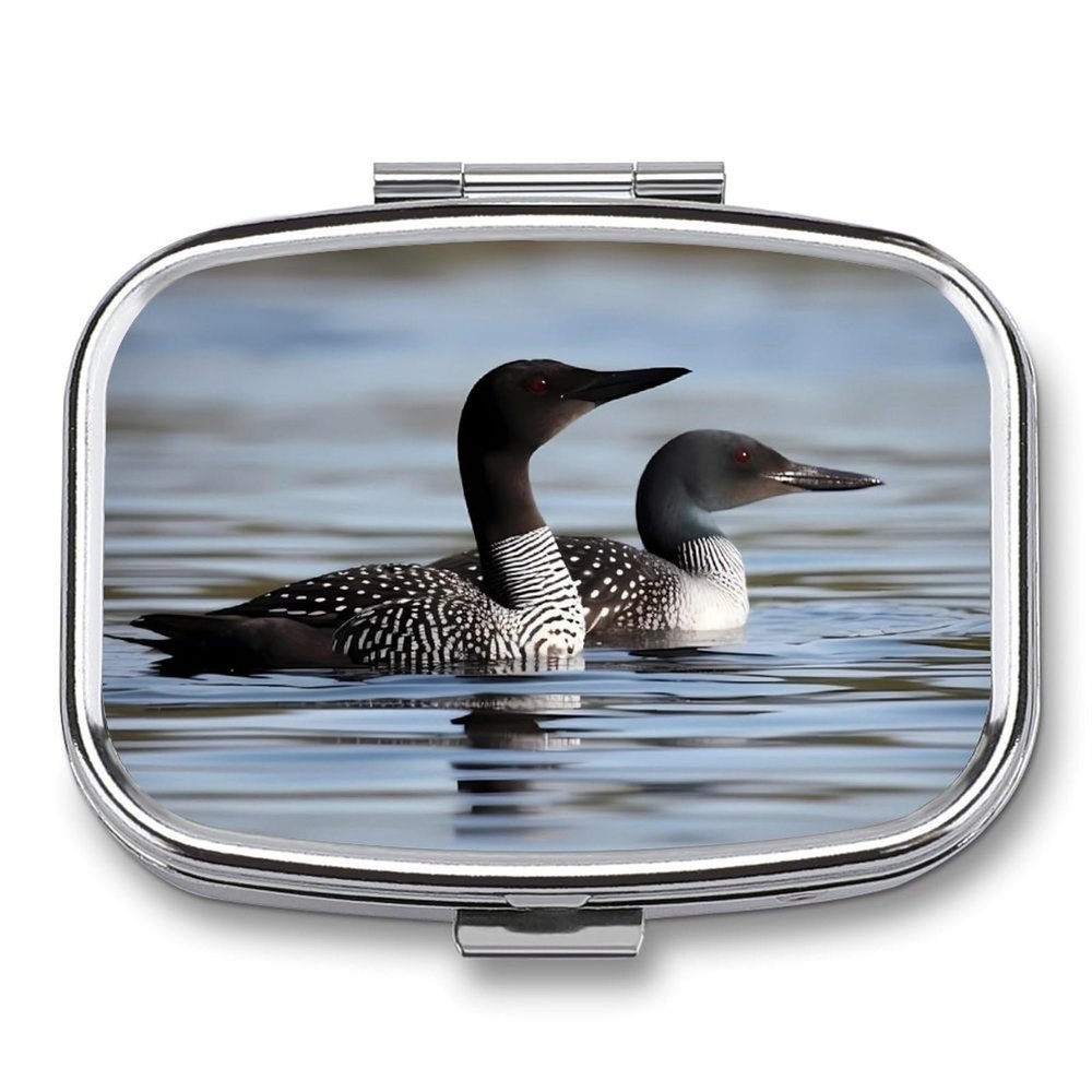 Loon Birds Pill Box Small Pill Organizer with 2 Compartments and Mirror Portable Travel Metal Pillcase for Pocket Or Purse, Privacy-Protecting Medicine Box