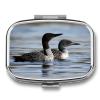 Loon Birds Pill Box Small Pill Organizer with 2 Compartments and Mirror Portable Travel Metal Pillcase for Pocket Or Purse, Privacy-Protecting Medicine Box view 1
