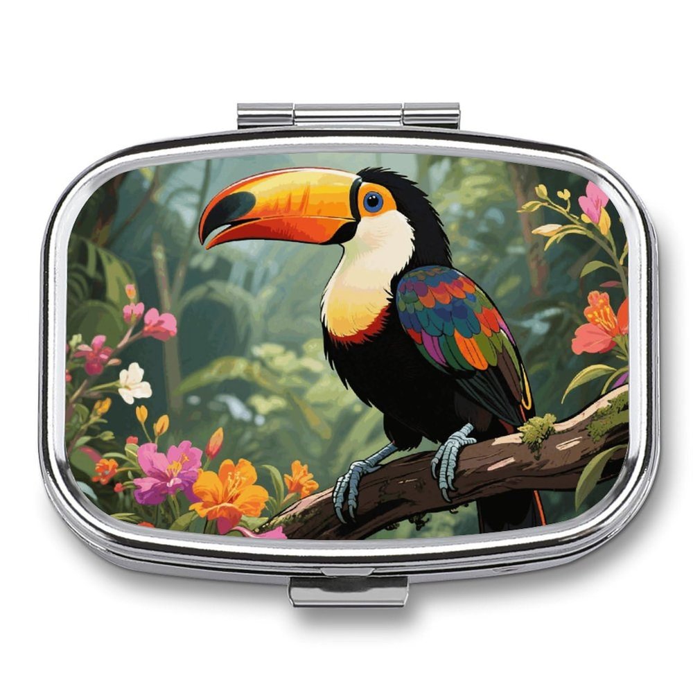 Toucan in The Rainforest Pill Box Small Pill Organizer with 2 Compartments and Mirror Portable Travel Metal Pillcase for Pocket Or Purse, Privacy-Protecting Medicine Box