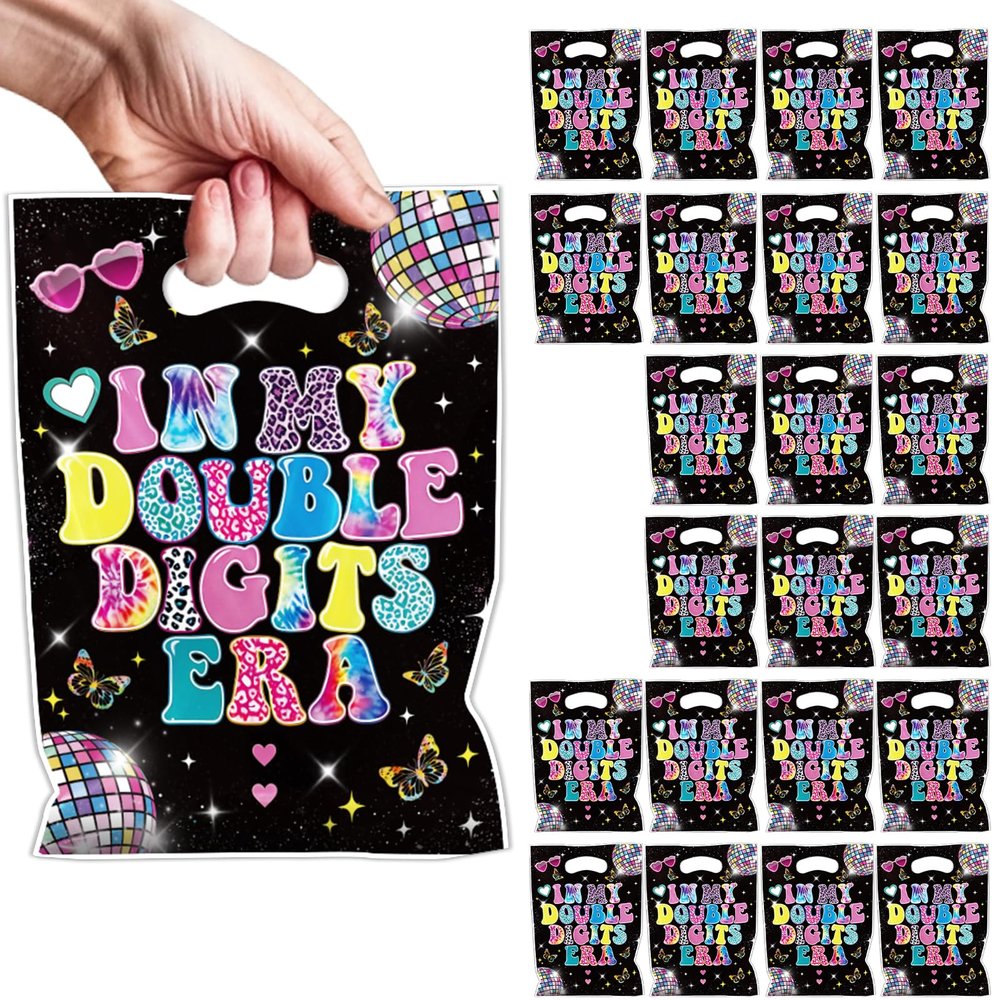 NOVBAUB 10th Birthday Party Favors Bags 50PCS Double Digits Birthday Gift Bags with Handles In My Double Digits Era Disco Goodie Treat Candy Bag Party Supplies for 10 Year Old Happy Day(Black)