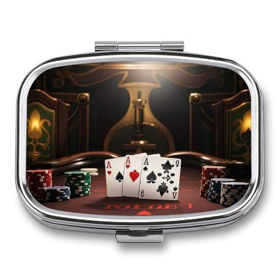 Poker Tournament Pill Box Small Pill Organizer with 2 Compartments and Mirror Portable Travel Metal Pillcase for Pocket Or Purse, Privacy-Protecting Medicine Box