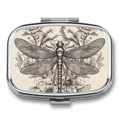 Hand Drawn Floral Dragonfly Pill Box Small Pill Organizer with 2 Compartments and Mirror Portable Travel Metal Pillcase for Pocket Or Purse, Privacy-Protecting Medicine Box
