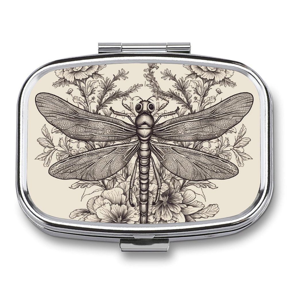 Hand Drawn Floral Dragonfly Pill Box Small Pill Organizer with 2 Compartments and Mirror Portable Travel Metal Pillcase for Pocket Or Purse, Privacy-Protecting Medicine Box