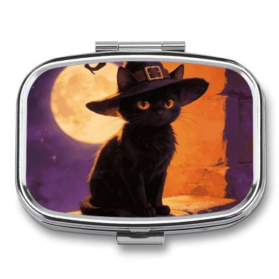 Black Cat with Witch Hat for Halloween Pill Box Small Pill Organizer with 2 Compartments and Mirror Portable Travel Metal Pillcase for Pocket Or Purse, Privacy-Protecting Medicine Box