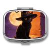 Black Cat with Witch Hat for Halloween Pill Box Small Pill Organizer with 2 Compartments and Mirror Portable Travel Metal Pillcase for Pocket Or Purse, Privacy-Protecting Medicine Box view 1