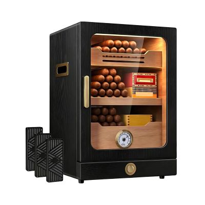Acentesoft Cigar Humidor, Desktop Cigar Cabinet with Built-in LED Light, Spanish Cedar Wood Lining for 100-150 Cigars, Large Storage Box with Accessory Drawer, Black