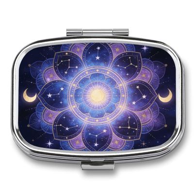 Mandala Celestial Pill Box Small Pill Organizer with 2 Compartments and Mirror Portable Travel Metal Pillcase for Pocket Or Purse, Privacy-Protecting Medicine Box