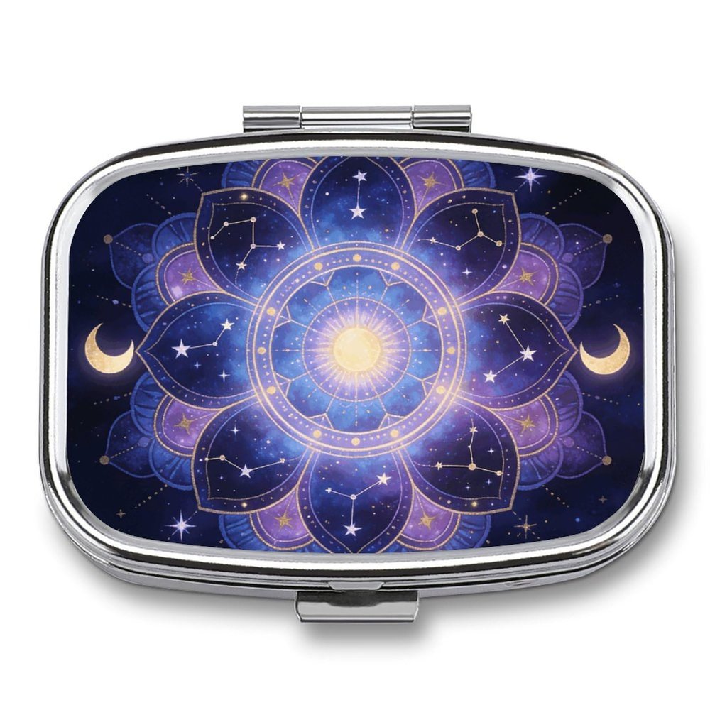 Mandala Celestial Pill Box Small Pill Organizer with 2 Compartments and Mirror Portable Travel Metal Pillcase for Pocket Or Purse, Privacy-Protecting Medicine Box