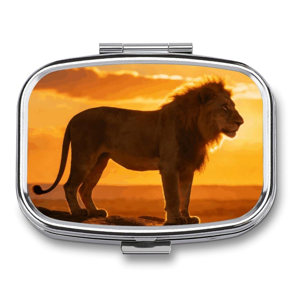 Lion at Sunset Pill Box Small Pill Organizer with 2 Compartments and Mirror Portable Travel Metal Pillcase for Pocket Or Purse, Privacy-Protecting Medicine Box