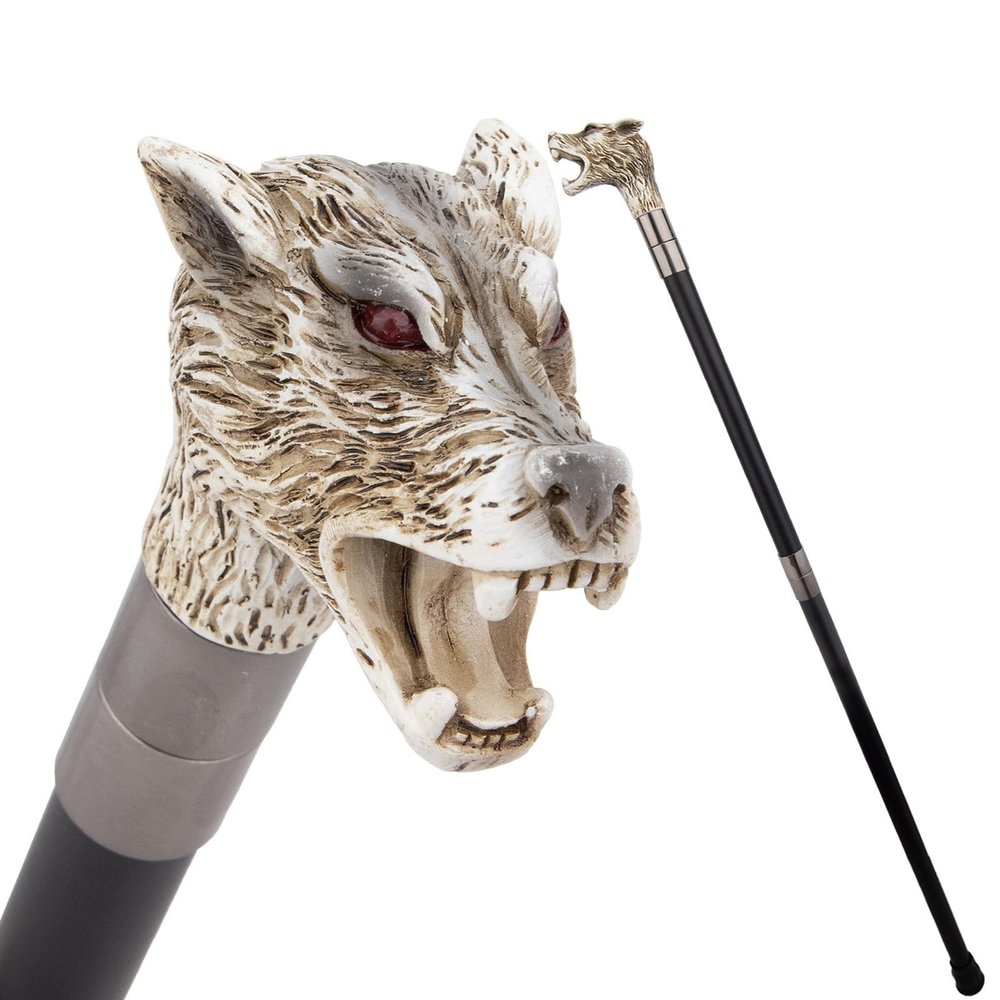 Silver Resin Wolf Head White Walking Cane Fashion Decorative Steel Stick Gentleman Elegant Cosplay Cane Knob Crosier, Non-Slip Tip, 37.2inch