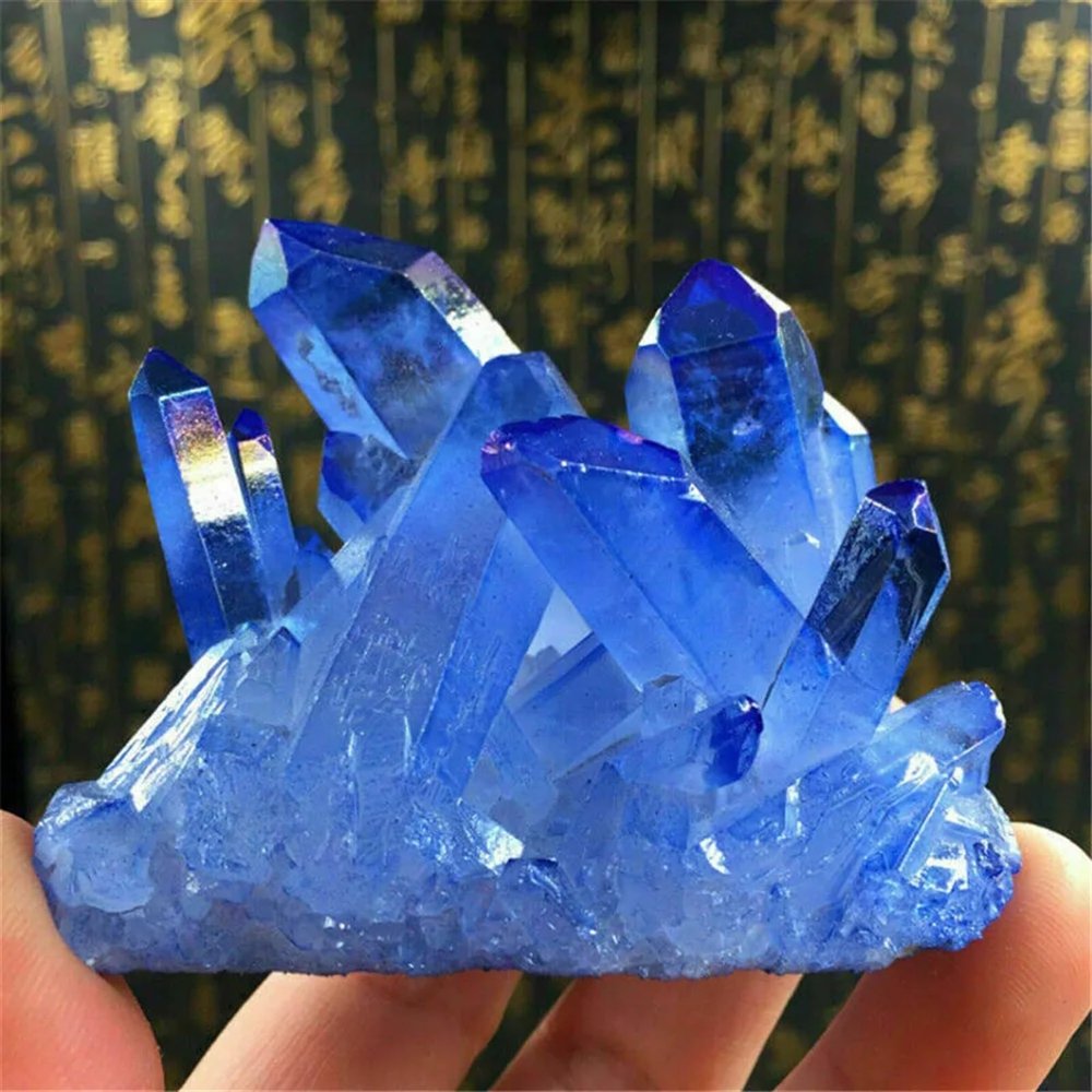 1pcs Blue Titanium Rainbow Aura Lemurian Quartz Cluster Crystal Point Ornaments (Size : 80-120g)