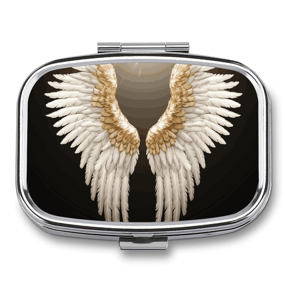 Angel Wing Pill Box Small Pill Organizer with 2 Compartments and Mirror Portable Travel Metal Pillcase for Pocket Or Purse, Privacy-Protecting Medicine Box