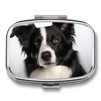 Border Collie Pill Box Small Pill Organizer with 2 Compartments and Mirror Portable Travel Metal Pillcase for Pocket Or Purse, Privacy-Protecting Medicine Box