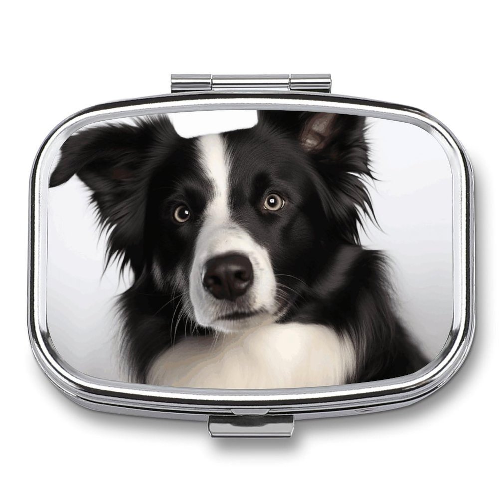 Border Collie Pill Box Small Pill Organizer with 2 Compartments and Mirror Portable Travel Metal Pillcase for Pocket Or Purse, Privacy-Protecting Medicine Box