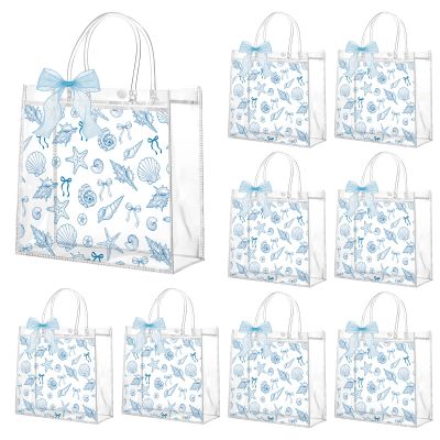 Culudea 24 Pcs Summer Ocean Clear Gift Bags with Handles Blue Coastal Reusable Party Favors Bags with Ribbon Beach Seashell Goodie Treat Bag Bulk Summer Birthday Party Supplies Favors 8x8x3.15 Inch