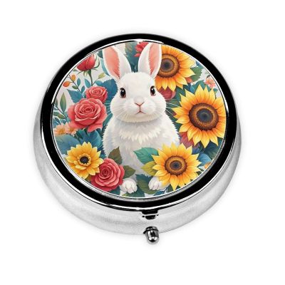 Portable 3-Compartment Pill Box Round Daily Medicine Organizer for Pocket or Purse, Watercolor Rabbit and Flowers Ideal for Morning, Noon & Evening Doses