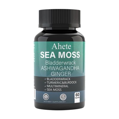 Ahete Sea Moss Capsules with Black Seed, Ashwagandha & Bladderwrack - Irish Sea Moss 20:1 Extract 350mg, Vitamin D3 & C, Burdock, Turmeric & Chlorophyll - Vegan, Non-GMO, 60 Capsules