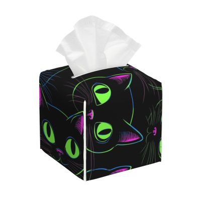 Neon Cats Pattern Digital Artwork Leather Tissue Box Cover for Home Coffee Table Car Decorative