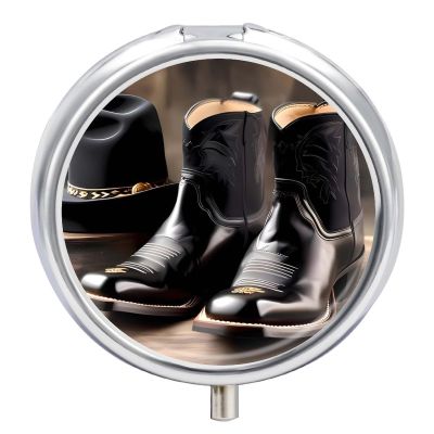 Round Pill Box Cowboy Black Hat Western Boots Pill Case 3 Compartment Medicine Pill Organizer for Purse & Pocket Portable Travel Pillbox Medicine Vitamin Cod Liver Oil Storage Box Organizer