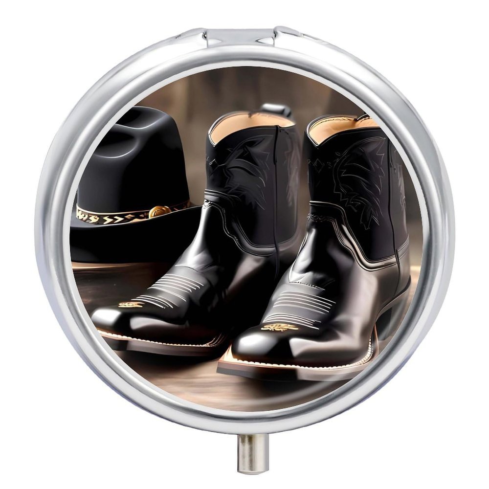 Round Pill Box Cowboy Black Hat Western Boots Pill Case 3 Compartment Medicine Pill Organizer for Purse & Pocket Portable Travel Pillbox Medicine Vitamin Cod Liver Oil Storage Box Organizer