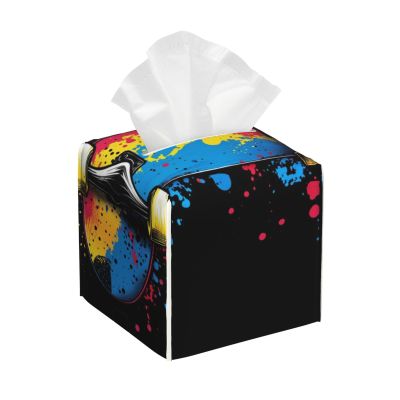 Vibrant Splattered Skateboard On Black Leather Tissue Box Cover for Home Coffee Table Car Decorative