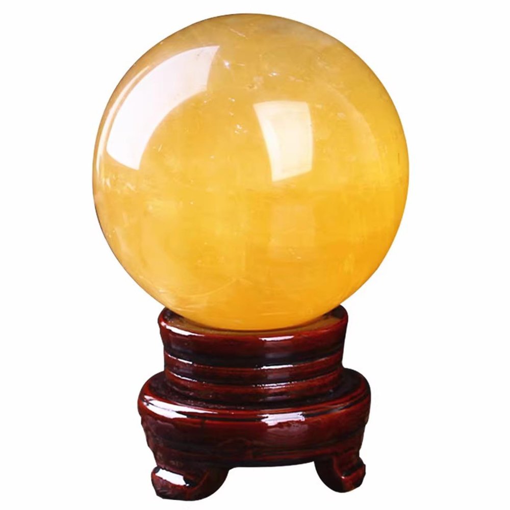 Citrine Quartz Crystal Sphere with Wooden Stand, Yellow Calcite Ball Scrying for Home Table Glass Orb Decorative Balls,190mm/7.5in