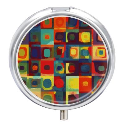 Round Pill Box Abstract Art Squares Pill Case 3 Compartment Medicine Pill Organizer for Purse & Pocket Portable Travel Pillbox Medicine Vitamin Cod Liver Oil Storage Box Organizer