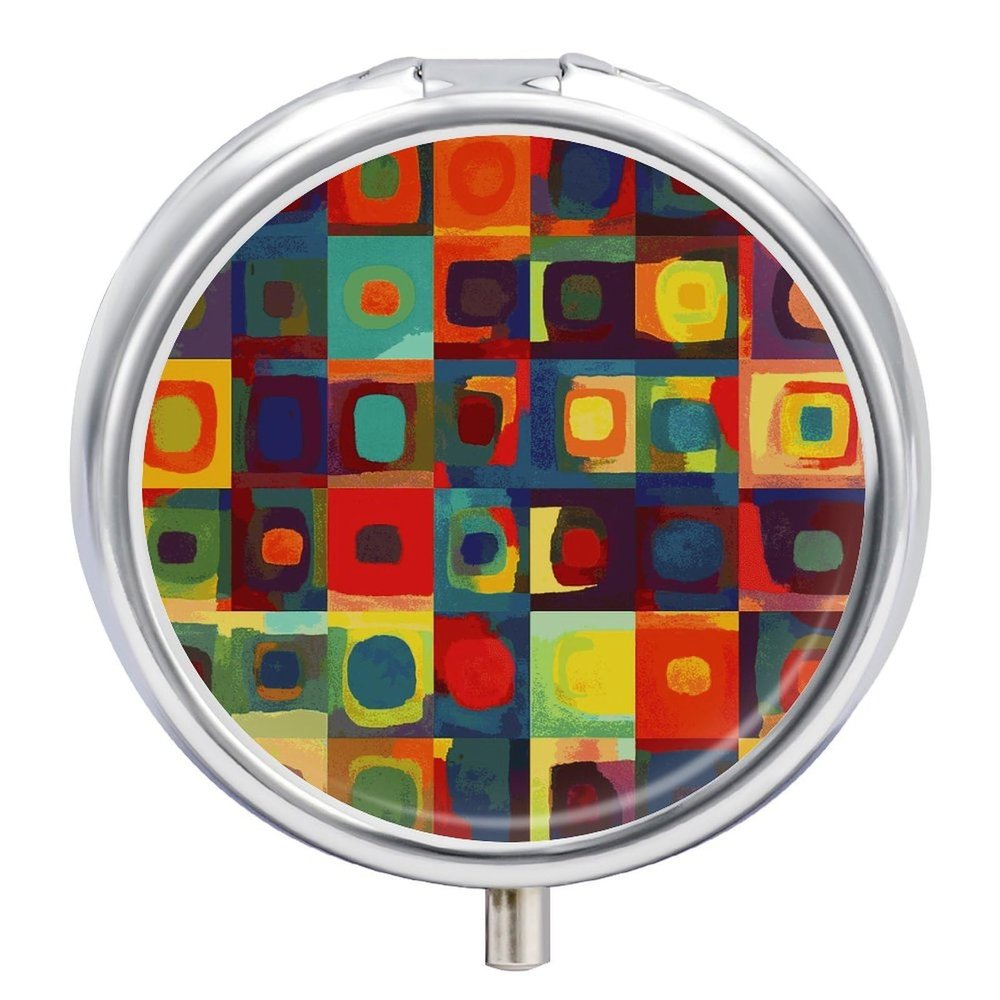 Round Pill Box Abstract Art Squares Pill Case 3 Compartment Medicine Pill Organizer for Purse & Pocket Portable Travel Pillbox Medicine Vitamin Cod Liver Oil Storage Box Organizer