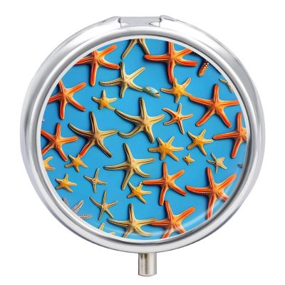 Round Pill Box Blue Background with Many Starfish Pill Case 3 Compartment Medicine Pill Organizer for Purse & Pocket Portable Travel Pillbox Medicine Vitamin Cod Liver Oil Storage Box Organizer